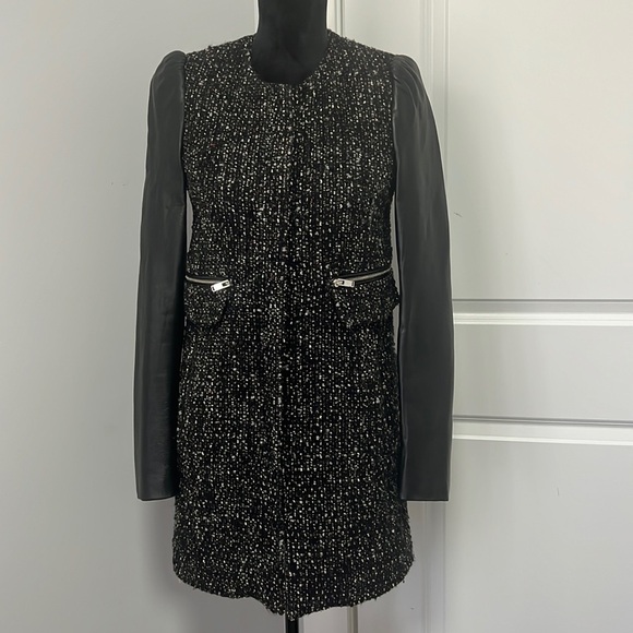 Zara Woman Bouclé Black Leather Sleeved Fully lined Coat Jacket - Size X-Small - Picture 2 of 12